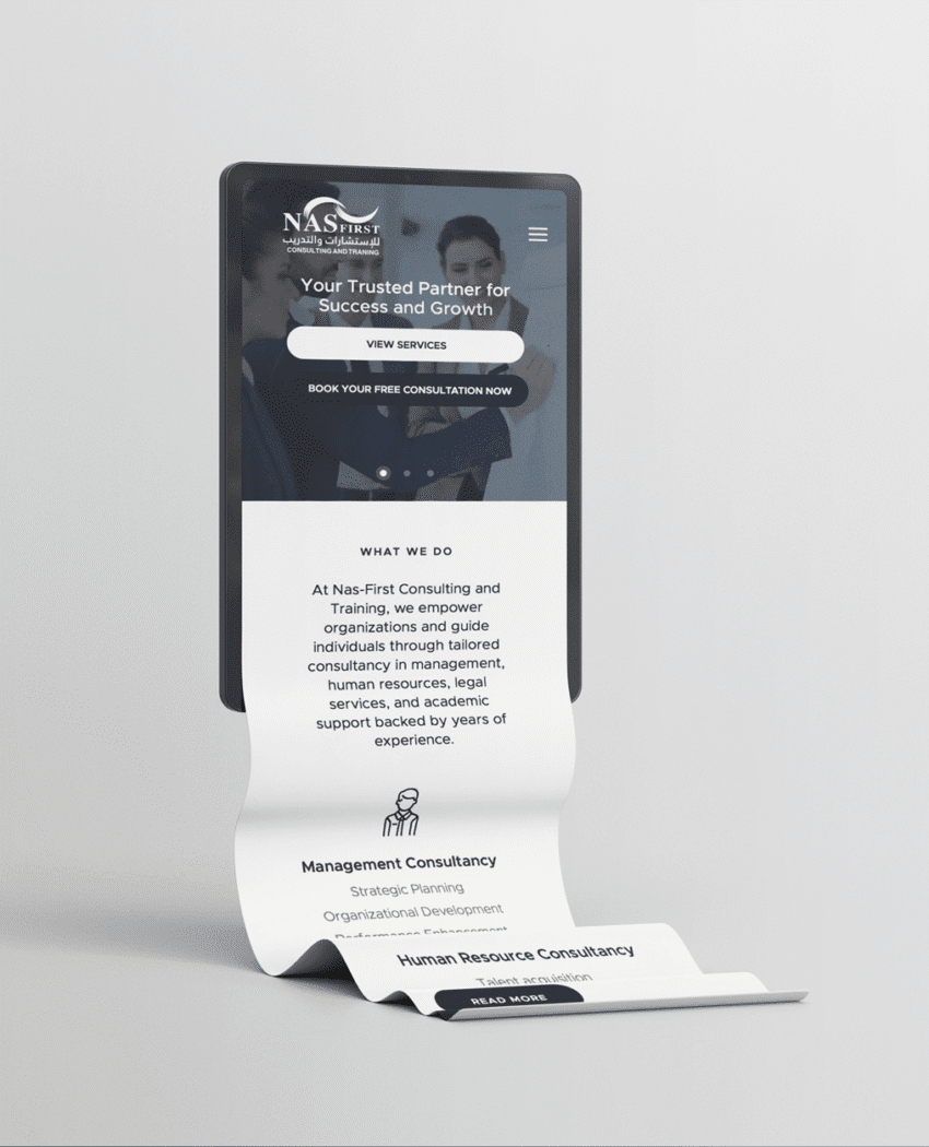 Nas-First Consultancy website homepage and services menu